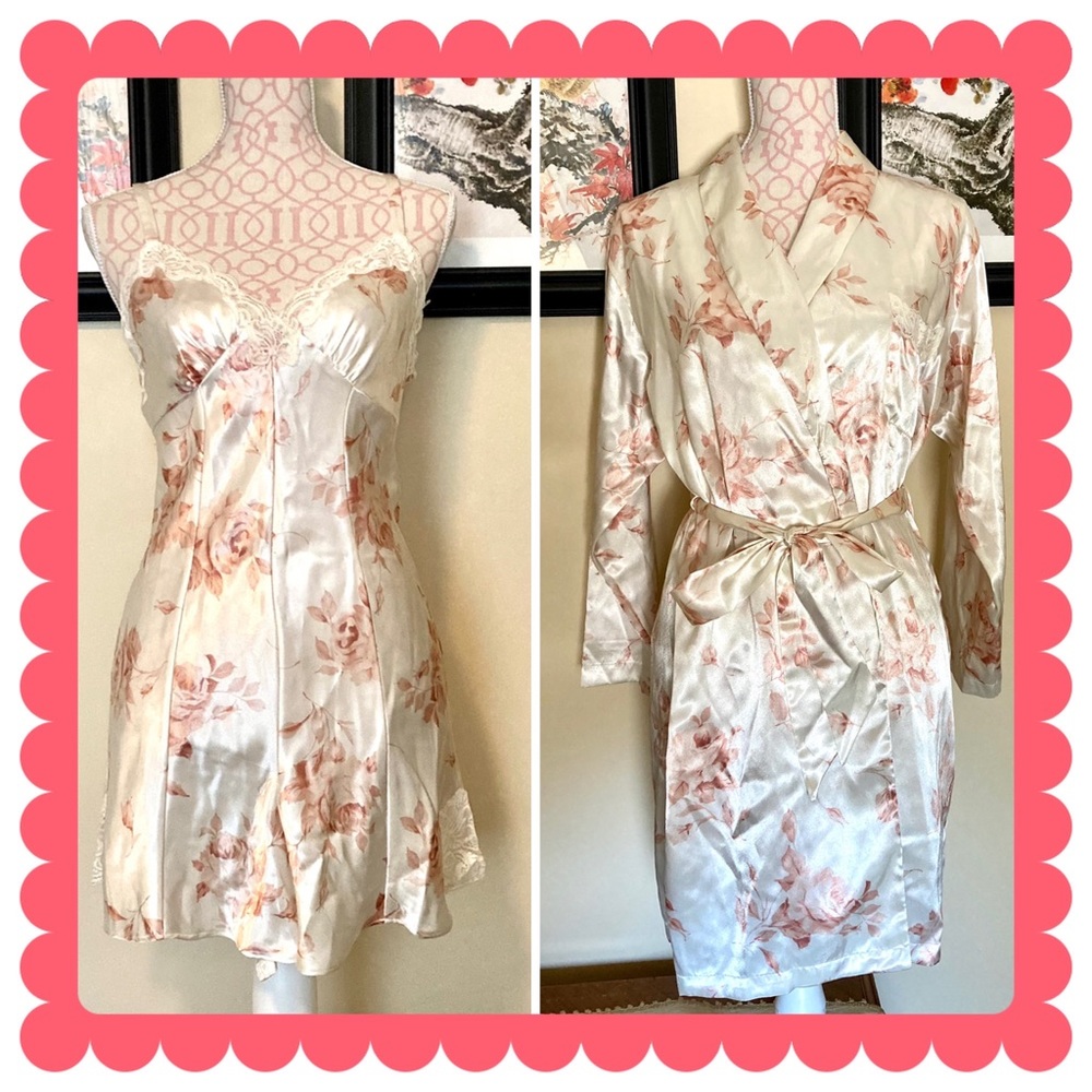 Cacique pink floral/cream chemise romper and robe